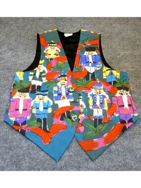 Vintage Silkscapes Hand Painted Christmas Nutcracker Vest Art to Wear Large